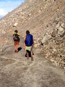 Slack & Veggie moving around the backside of Crater Lake.  Notice Veggie's strategic ass flap.  This covers a large gaping hole in his shorts.